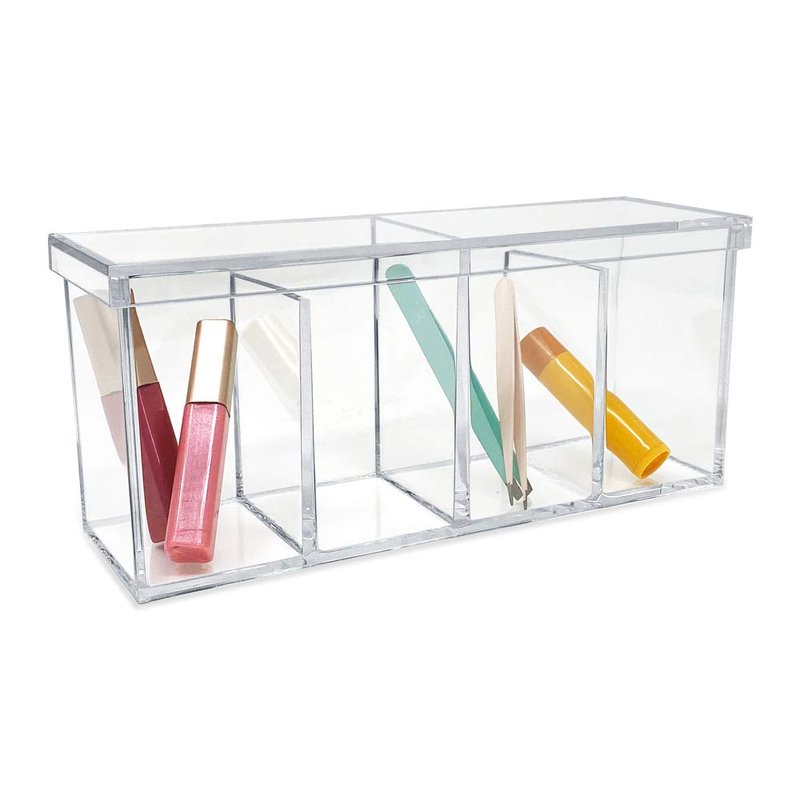 Isaac Jacobs 2-Pack 4-Compartment Clear Acrylic Organizers with Lid (9” L x 3” W x 4” H), Makeup Brush Holder, Sectional Tray, Storage Solution for Makeup, Crafts, Office Supplies & More (2, Clear)
