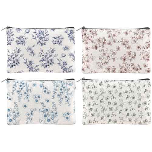 4Pcs Flower Makeup Bags 5.91x9.06 inch Orchid Roses Daisy Canvas Cosmetic Bags with Zipper Canvas Travel Toiletry Pouches for Women Party Shopping Home Travel Accessories
