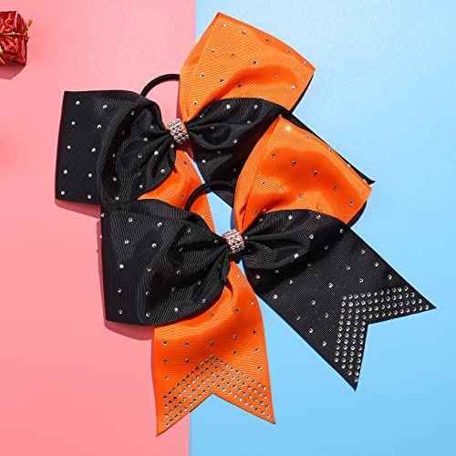 CEELGON Large Rhinestones Cheer Bows, 12 PCS Glitter 7" Cheer Bows Ponytail Holder for Cheerleaders Girls Softball Sports Competition (Orange/Black)
