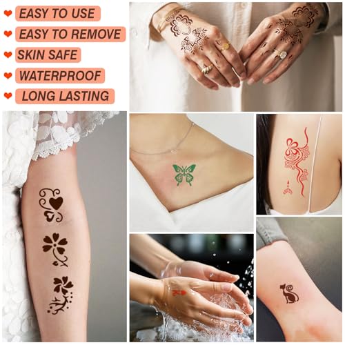 Temporary Tattoos Stencils Kit,Temporary Tattoos Kit - 8 Pcs 4 Color(Brown,Black,Cherry red,Green), Ink with Gloves,DIY Body Art Painting for Women Men Adults Kids
