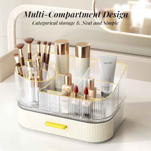 Delamu Makeup Organizer for Vanity with Stackable Drawers, 360 Rotating Makeup Brush Holder Large Cosmetic Display Case for Dresser, Bathroom Countertop Skincare Organizers and Storage, Elegant White
