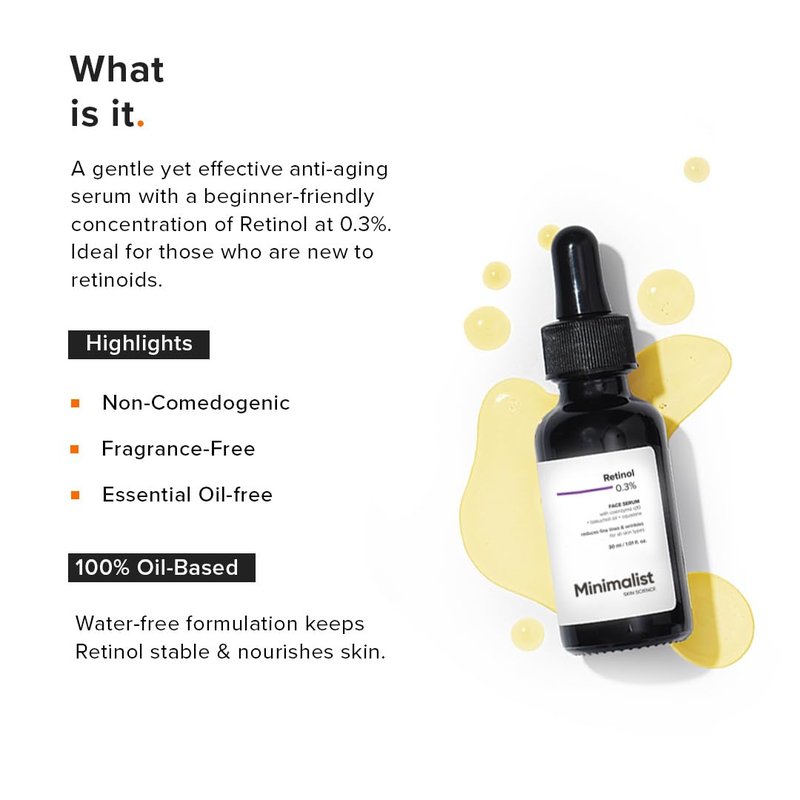 Minimalist Retinol 0.3% Serum for Face | Night Face Serum With Squalane & Bakuchiol for Anti Aging, Reduce Fine Lines & Wrinkles | For Women & Men | 1 Fl Oz / 30 ml