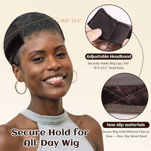 Lace Wig Cap for Women Non Slip, Glueless Wig Grip Cap with 4x5 Transparent Swiss Lace Front, Adjustable Wig Cap with Velvet Grip Band (Brown)
