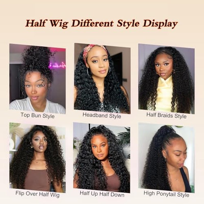 XSY Curly Half Wig Human Hair 180% Density 3 In 1 Deep Wave Half Wig for Black Women Wear Go Glueless Half Curly Wig 22 Inch Headband Wig Beginner Friendly