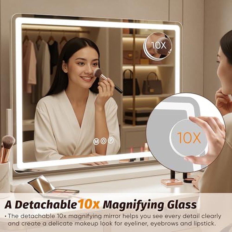 Vanity Mirror with Lights, 32"x22" Hollywood Lighted Makeup Mirror for Tabletop & Bedroom 3 Color Lighting Modes Smart Touch Control 360¡Æ Rotation Detachable