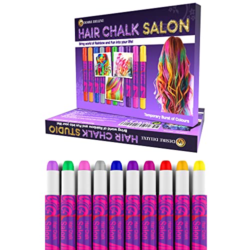 Desire Deluxe - Girls Gifts Hair Chalk 10 Temporary Non-Toxic Easy Washable Hair Dye Colourful Pens