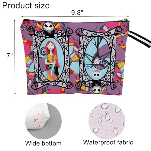 Portable Jack & Sally Themed Makeup Bag, Before Xmas Nightmare Cosmetic Bag, Jack Skellington & Sally Portable Travel Cosmetic Organizer- Cotton & Linen, Water-Resistant, 9.8x7 Inches