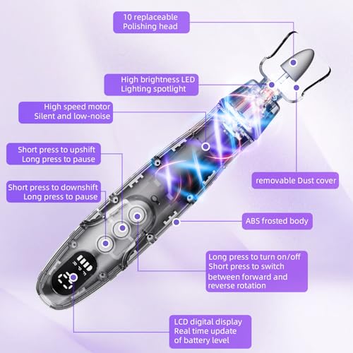 Aleanu Professional Manicure Pedicure Kit - 10 Speeds Cordless Nail Drill?Rechargeable Pedicure Tools for feet, Nail Drill for Thick Nail Toenail Cuticle Women Men Baby Pets(Purple)