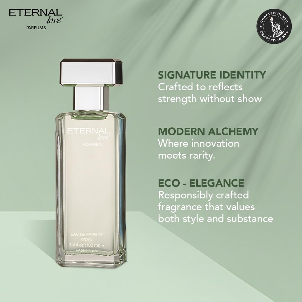 Eternal Love for Men - Long Lasting Eau de Parfum Spray - Premium Clean Fragrance with Amber & Cedarwood - Fresh Sophisticated Scent - 3.4oz