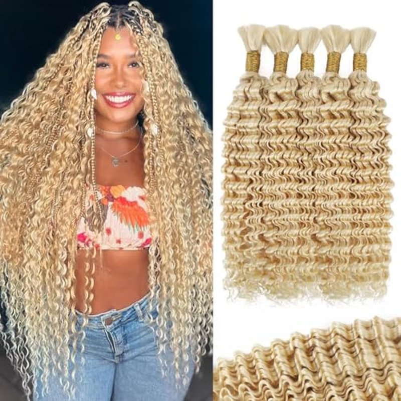 160g 5 Bundles 613 Blonde Human Braiding Hair Deep Water Wave Bulk 16 Inch Curly Human Hair for Boho Braids Hair Extensions No Weft 5 Braids Per Pack