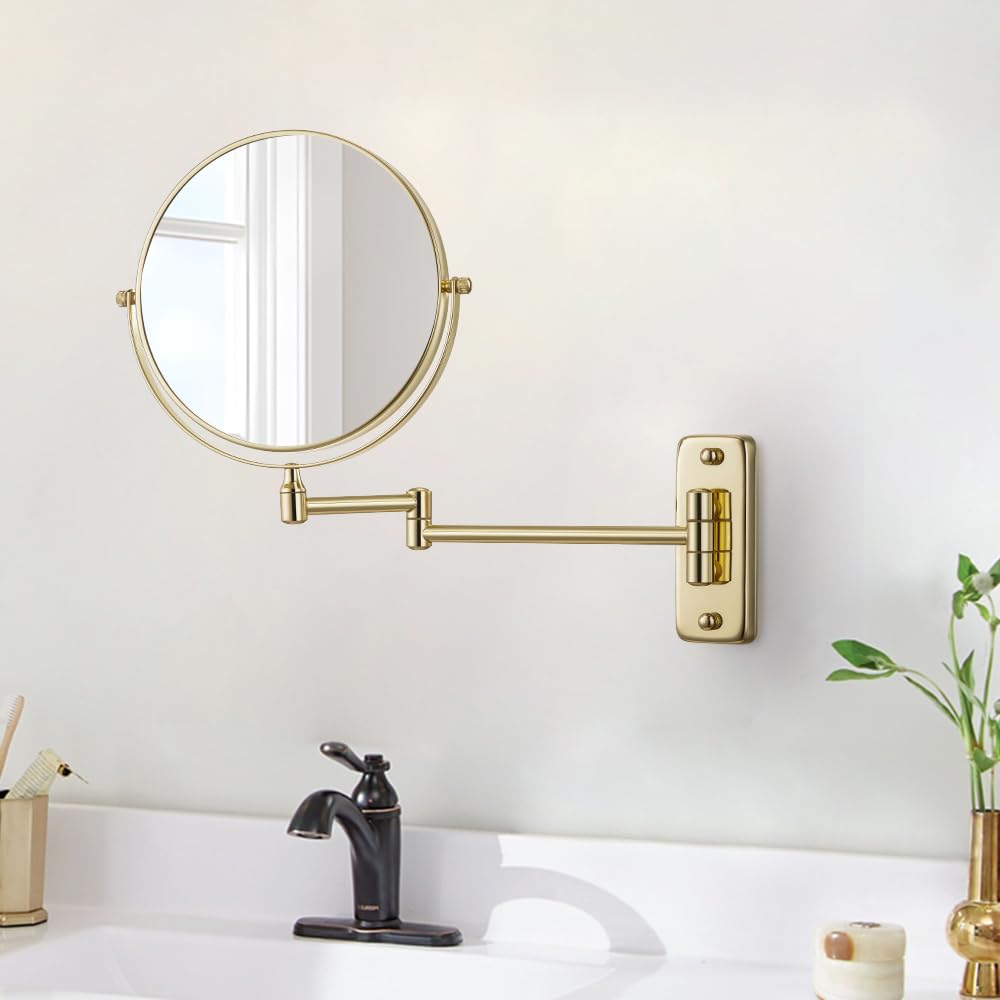 Cerdeco 8 Inch 1X/5X Double Sided Makeup Wall Mount Mirror with Gold Plated Finish 360 Swivel Extendable Cosmetic Shaving Mirror