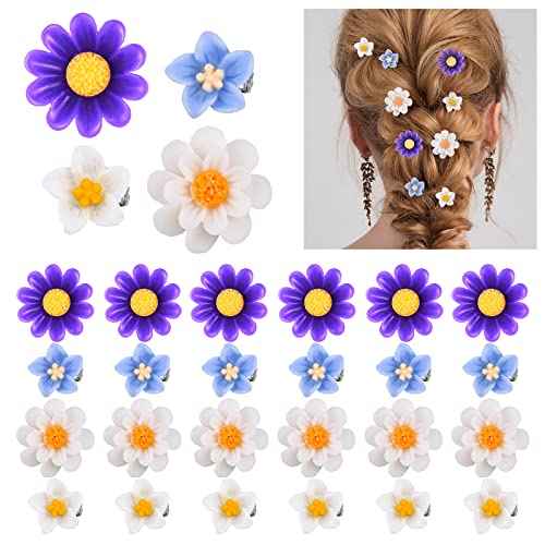 BBTO 24 Pcs Mini Flower Hair Clip for Girls Women Lily Daisy Flower Small Hair Pin Wedding Bridesmaid Bridal Clips Elegant Hair Accessory for Party Daily(White Yellow, Dark Purple, White, Light Blue)