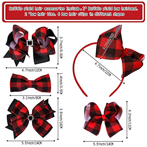 Whaline 9Pcs Christmas Buffalo Plaid Hair Bow Accessories Include Red Black Checkered Ribbon Hair Clips, Headband and Hair Scrunchies Christmas Barrette Ties for Girl Woman Teen Xmas Party Hair Gifts