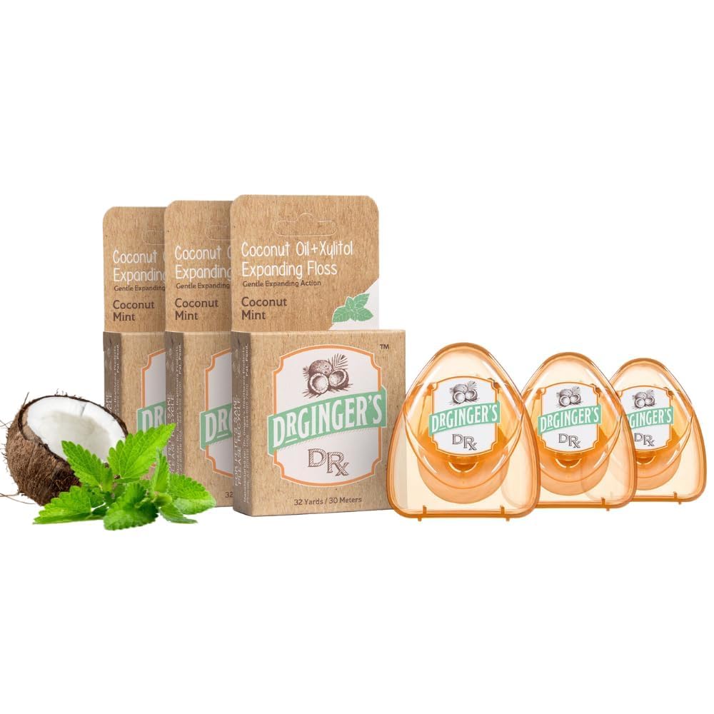 Dr. Ginger's Dental Floss - Organic Coconut Mint with Xylitol | Gentle Floss for Hard-to-Reach Spaces, 3 Pack (32 Yards Each)