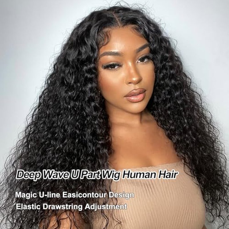Deep Wave U Part Wig Human Hair for Women 12A Grade Brazilian Virgin Deep Curly Upart Wig Human Hair Wigs 180% Density Glueless Full Head Clip in Half Wig U Shape Wig Natural Color (22 Inch)