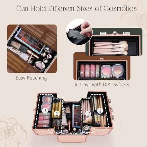 FRENESSA Makeup Train Case Cosmetic Box Portable Makeup Case Organizer 4 Trays Lock Travel Storage Organizer with Dividers Make Up Artist Vanity Hard Nail Spa Beauty Box Rose Gold Floral