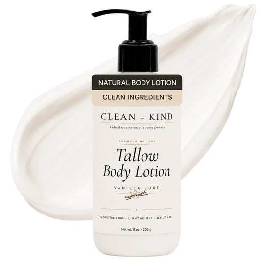 Clean + Kind Vanilla Tallow Body Lotion — Hydrating Non-Toxic Natural Body Moisturizer & Cream, Grass-Fed Beef, Organic Shea, Jojoba, Coconut MCT & Aloe for Dry Sensitive Skin (8 oz)