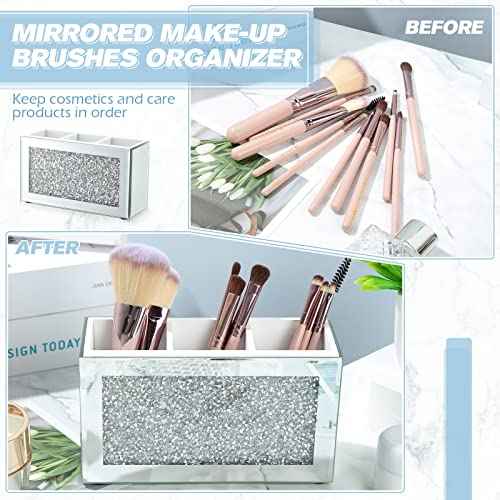 Tanlade 2 Pcs Mirrored Makeup Brush Holder Remote Holder, Mirrored Makeup Organizer with Crushed Diamond Crystals, Vanity Cosmetics Organizer Solution, Pencil Holder Organizer for Desk (3 Compartment)