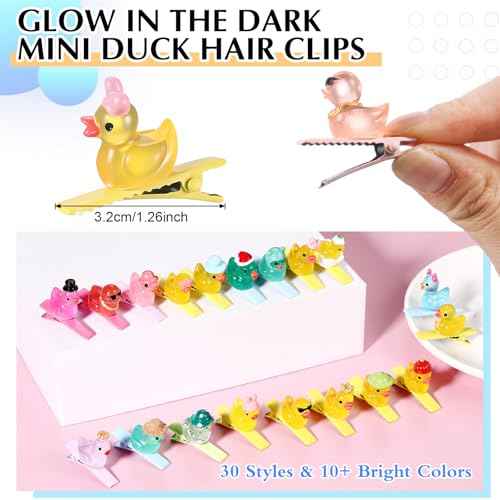 Amyhill 30 Pcs Halloween Mini Duck Hair Clips Funny Rave Sprout Clips for Women Multiple Styles Duck Glowing Resin Hairpins for Music Festival Hawaiian Christmas Party Gift