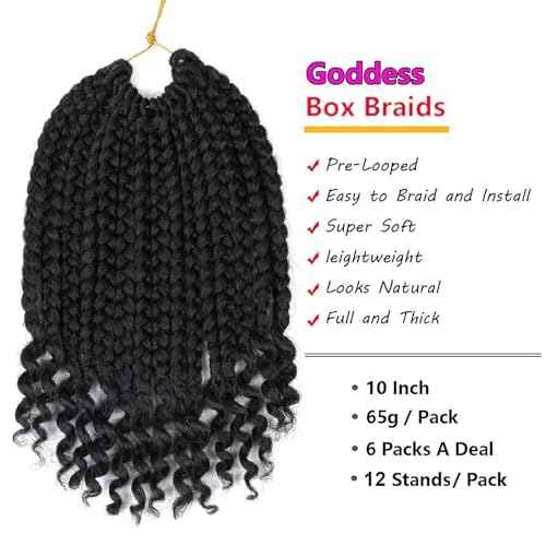 6 Packs Crochet Box Braids Curly Ends 10 Inch Crochet Braids Bohemian Box Braids Crochet Hair for Black Women (1B, 10 Inch)