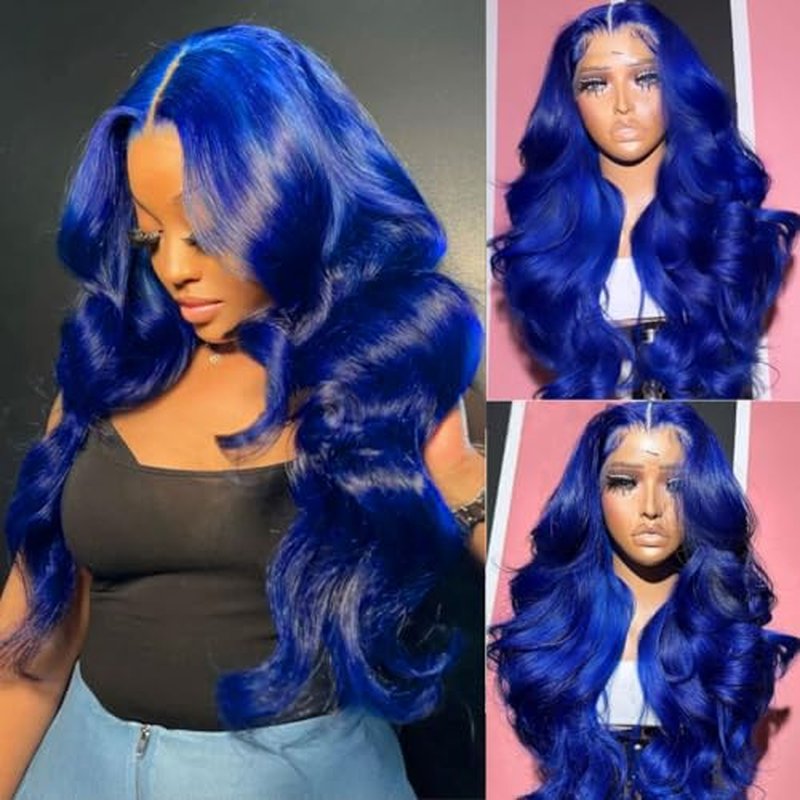 Blue 9x6 Body Wave Lace Front Wigs Human Hair Pre Plucked With Baby Hair 200% Density Dark Blue Human Hair Pre Cut For Women HD Transparent Lace Frontal Colored Wigs 20 Inch