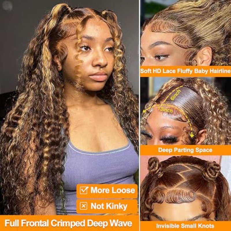 13x6 Highlight Ombre Lace Front Wig Human Hair 4/27 Honey Blonde Deep Wave Lace Frontal Wigs Human Hair Pre Plucked 200% Density Glueless Wig 20 Inch
