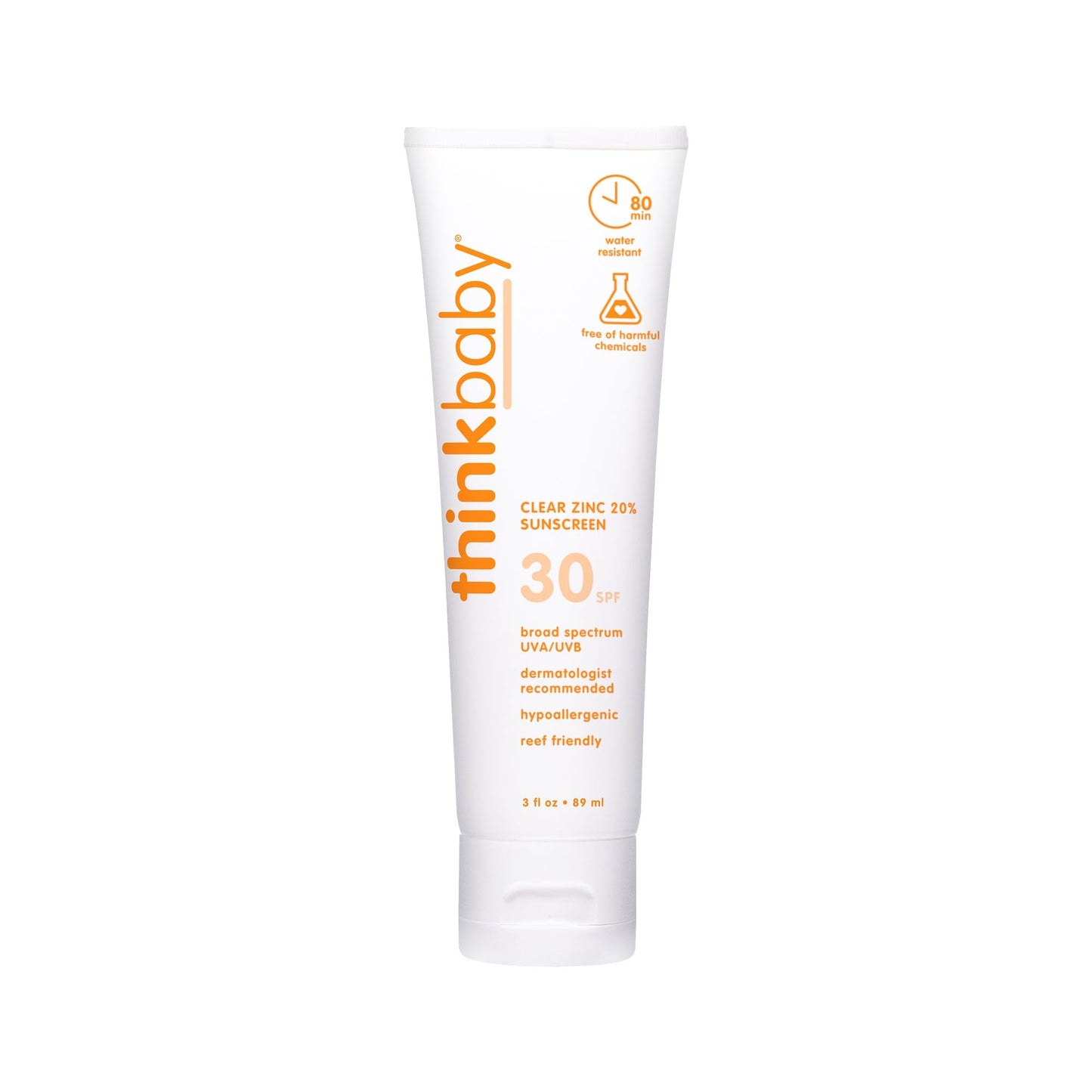 Thinkbaby SPF 30 Mineral Baby Sunscreen, Clear Zinc Oxide, 3 fl oz – Natural, Water Resistant, Kids & Toddler Sun Protection, Reef Safe