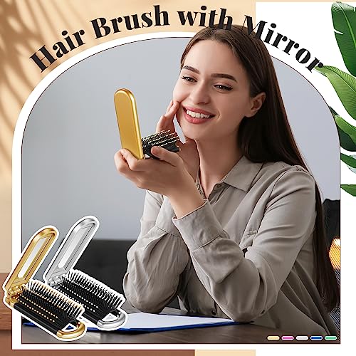 Uiifan 50 Pcs Folding Travel Brush with Mirror Bulk, Small Pocket Brush Compact Portable for Men Women, Bridesmaid Gifts, Stocking Stuffers, Party Favors(Purple, Green, Silver, Blue, Gold)