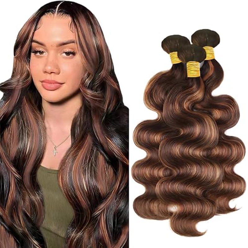 Brown Human Hair Bundles P430 Two Tone Chocolate Brown Body Wave Bundles 26 28 30 Inch Unprocessed Brazilian Virgin Remy Double Weft Weave Hair Extensions Healthy and Soft Highlight Bundle