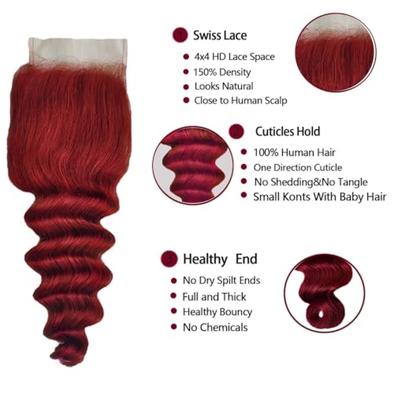 Burgundy Bundles Human Hair with Closure Loose Deep Wave 14 16 18+14inch Raw Quick 99j Red Colored Bundles with 4x4 HD Lace Closure Human Hair
