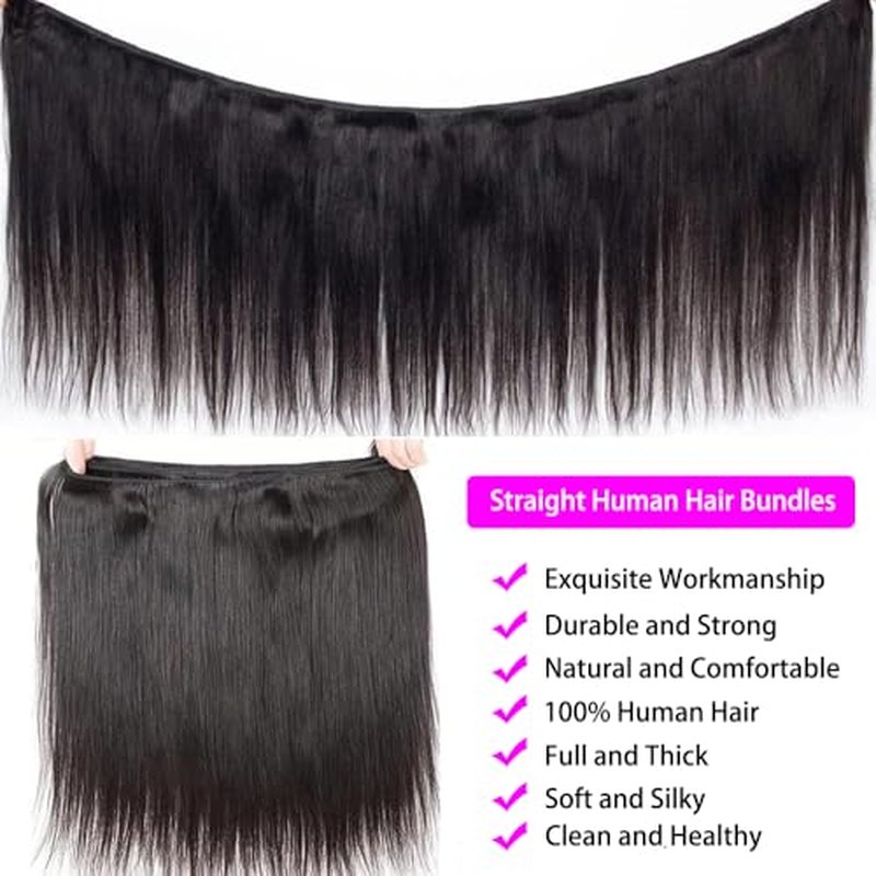 Human Hair Bundles Straight Bundles Human Hair Long Straight Weave 3 Bundles Human Hair 12A Grade 100% Unprocessed Brazilian Hair Extensions Natural Black Color 24 26 28 Inch