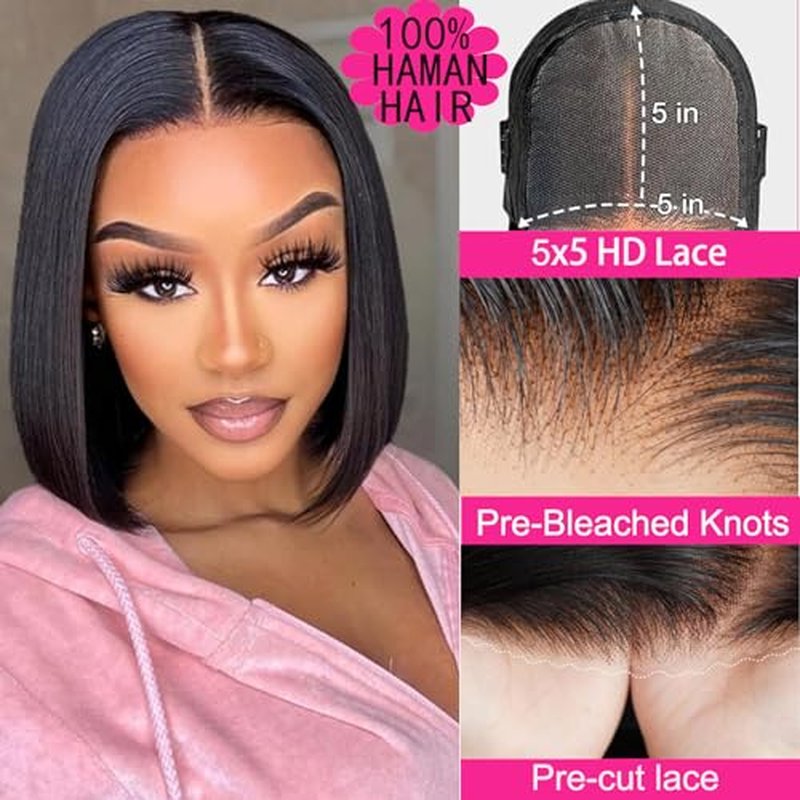 5x5 Wear and Go Glueless Bob Wig Human Hair HD Lace Closure Straight Bob Wig for Beginners 12 Inch Short Bob Glueless Wigs 220% Density Pre Cut Free Part for Women