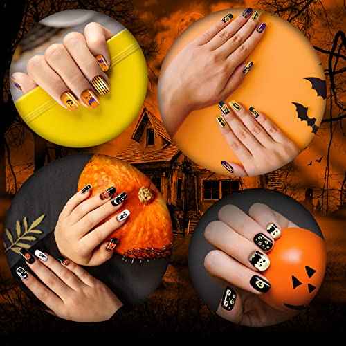 384 Pcs 16 Pack Halloween Press on Nails Halloween Short Fake Square False Nails Plastic Artificial Nail Tips Full Cover Coffin with Ghost Pumpkin Spider Pattern for Women(Fresh Pattern)