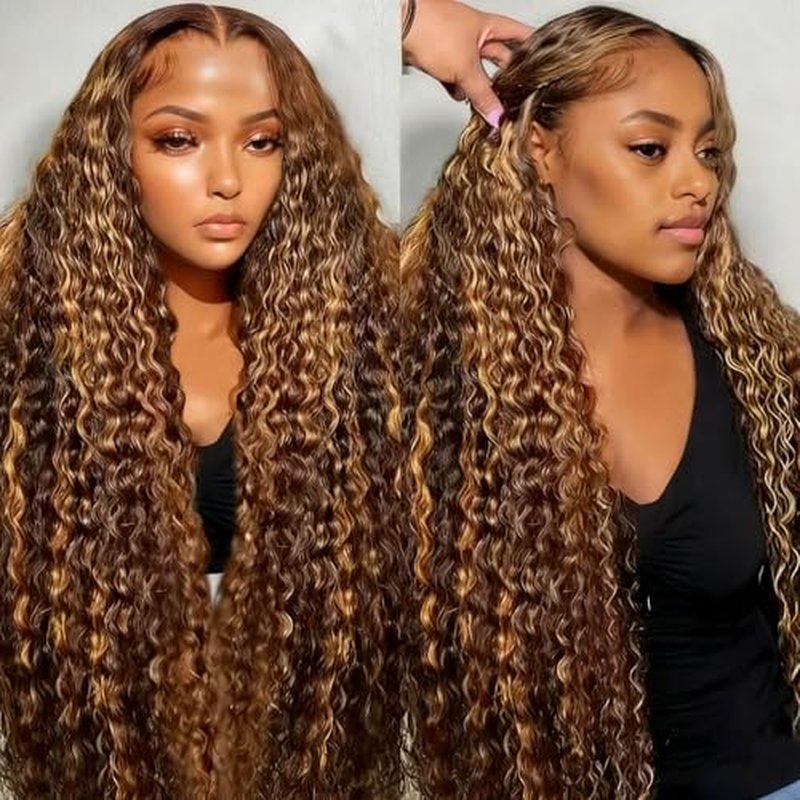 Aimking Honey Blonde Human Hair Wig Ombre Highlight 4/27 Deep Wave Lace Front Wigs Human Hair Curly Wig 180% Density Lace Frontal Wigs (26 Inch)