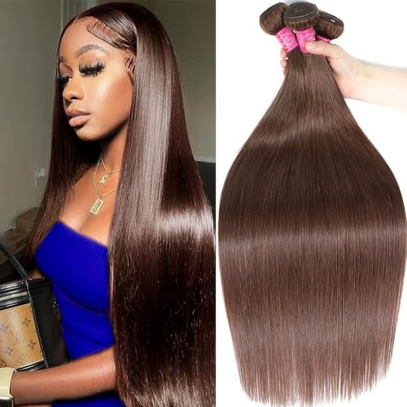 Younsolo Brown Bundles Human Hair Straight 3 Bundles 100% Unprocessed Brazilian Bundles Human Hair 12A Chocolate Brown Straight Bundles Hair Extensions 4# Color 18 20 22 Inch