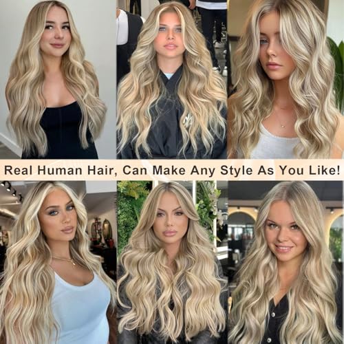 Ombre Blonde Lace Front Wig Human Hair for White Women Ash Brown Roots to Ash Blonde with White Platinum Highlights Glueless Wigs Human Hair Pre Plucked with Baby Hair 180% Density Straight 20 Inch