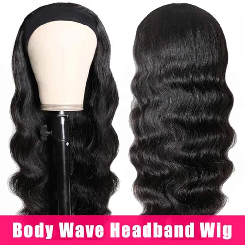 24 Inch Headband Wig Human Hair Body Wave Headband Half Wigs Human Hair 10A Brazilian Glueless Human Hair Wigs None Lace Front Wigs Wear and Go Wigs for Black Women 150% Density Wigs Natural Color