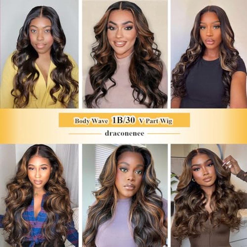 V Part Wigs Human Hair Body Wave 1B/30 Highlight Ombre Wigs for Black Women Wear and Go Glueless Human Hair Wig Upgrade U Part Wig No Sew in No Glue Beginner Friendly 180% Density 22 inch