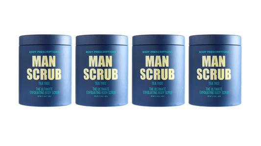 Body Prescriptions Men’s Exfoliating Body Scrub – Ultimate Skin Cleansing Wash in Jar with Twist-Top Lid, For All Skin Types, 21 Ounce (Pack of 4), Tea Tree