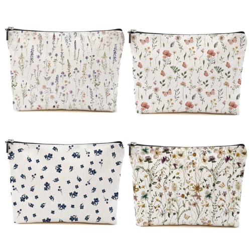 4PCS Floral Makeup Bags for Women, Cute Flower Aesthetic Travel Toiletry Bag, Coquette Cosmetic Bag, Portable Zipper Pouch Cosmetics Pouch Gifts for Women Girls Girlfriend Mom