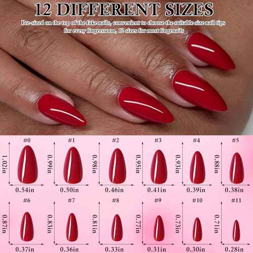LoveOurHome 240pc Christmas Almond Press on Nails Medium Fake Nail Tips Burgundy Acrylic Nails Press ons Nail Almond Glue on Nail Short Stiletto Fingernail & Glue Adhesive Tabs for Women Girls Kids