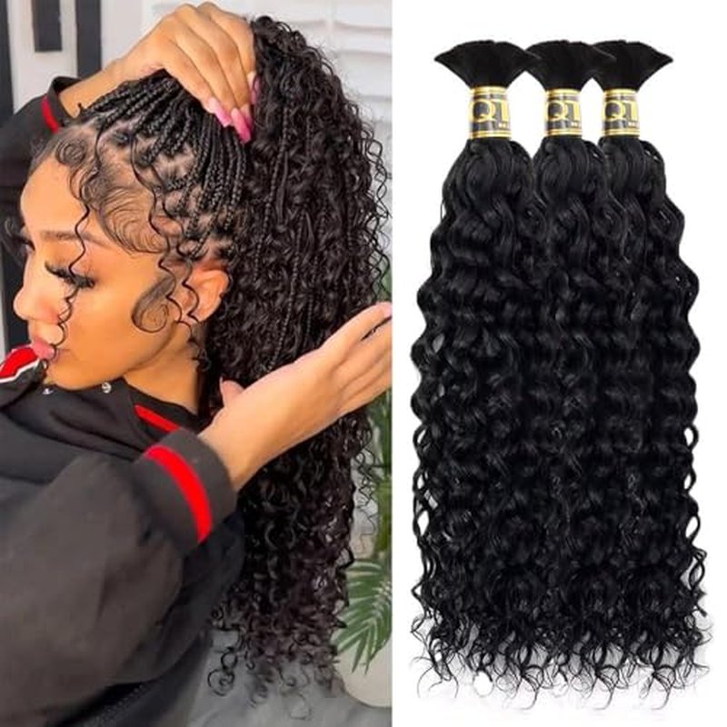 QTHAIR Water Wave Bulk Human Hair For Braiding, 16A, No Weft, 100% Unprocessed Brazilian Water Wave Virgin Hair, 3 Bundles, Micro Braiding (#1B(Natural Black), 22"-150g, Curly)