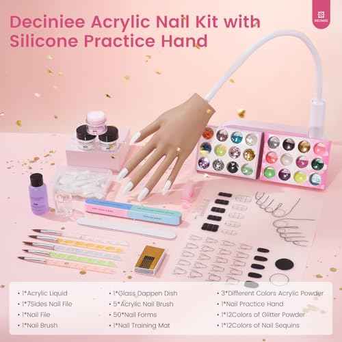 Practice Hand for Acrylic Nails Kit: Silicone Hand for Nail Practice with Nail Kit for Beginners - Bendable Training Fake Hand Manicure Acrylic Powder Set for Salon Home