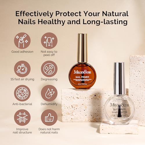 MelodySusie 2PCS Nail Dehydrator and Primer, Professional Natural Hema Free and Acid Free Primer,Dehydrator for Acrylic Powder and Gel Nail Polish,Fast Dry 15ML