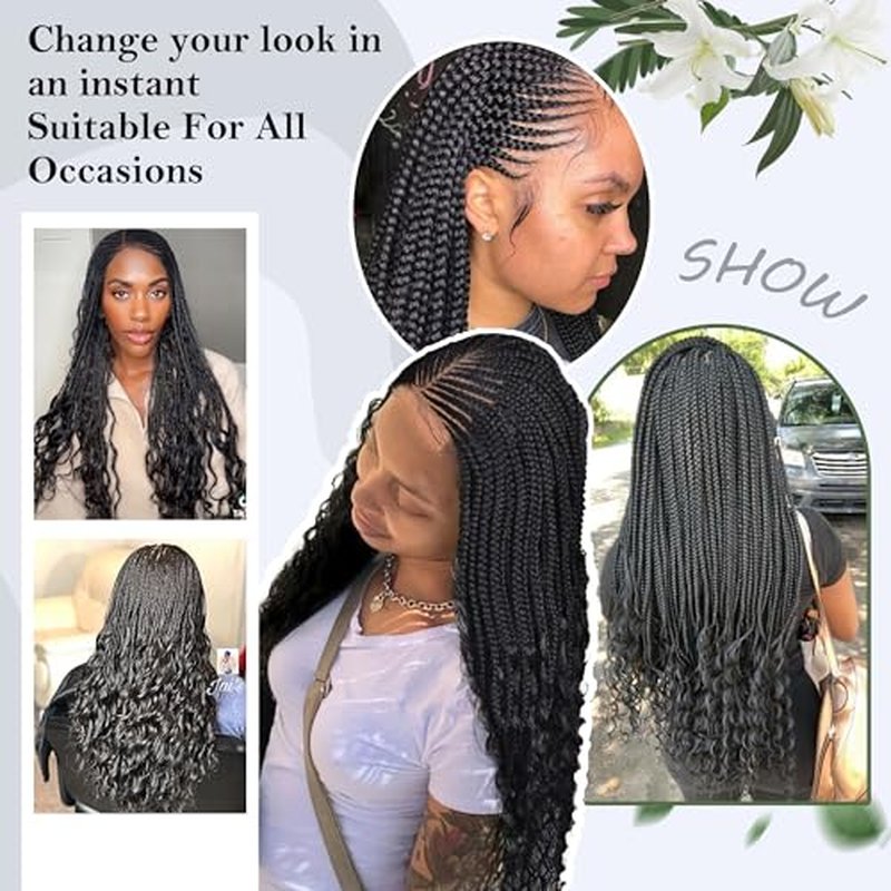 13x6 HD Lace Front Box Braided Wigs with Curly End Lace Frontal Box Braids Wigs for Black Women Lightweight Synthetic Black Cornrow Fully Handmade Braided Wig with Baby Hair (26 inches)