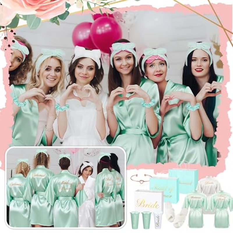 56 Pcs Bridesmaid Bride Robes Set of 8 Bridal Party Silk Satin Robes for Wedding Bachelorette Party Gifts(White,Sage Green)