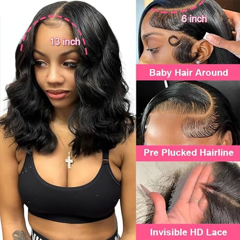 16 Inch 13x6 Bob Wig Human Hair 200 Density HD Lace Front Wigs Human Hair Body Wave Lace Front Wigs Human Hair Wig Short Bob Wigs for Black Women Glueless Wigs Pre Plucked with Baby Hair