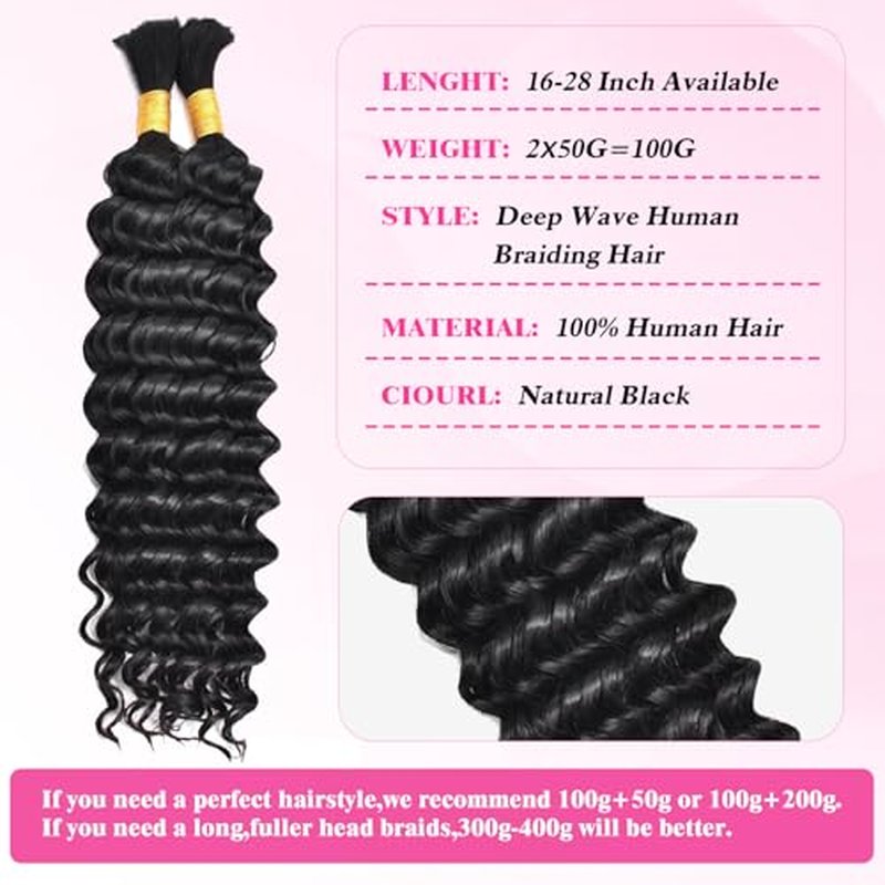 Deep Wave Bulk Human Hair for Braiding 100% Unprocessed Brazilian Virgin Human Hair for Boho Knotless Braids 100g 28 Inch Human Hair Braiding Hair 1B Braiding Hair No Weft