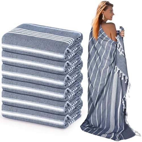 Moukeren 6 Pack Oversized Turkish Beach Towel 61 x 82 Inches Extra Large Cotton Turkish Beach Blanket Lightweight Absorbent Quick Dry Sand Proof Beach Towels for Travel Bathroom(Dark Blue)
