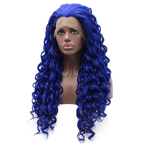 iwonawig Iewig Long Curly Blue Heat Resistant Wig Half Hand Tied Synthetic Hair Front Lace Wig